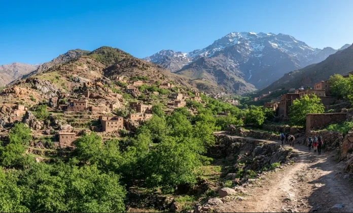 Hikers and mules walking along a green mountain trail toward a traditional Berber village at the start of a Toubkal trek.