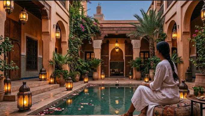 A peaceful courtyard experience inside a traditional boutique hotel, perfect for travelers who want to visit Marrakech and relax.