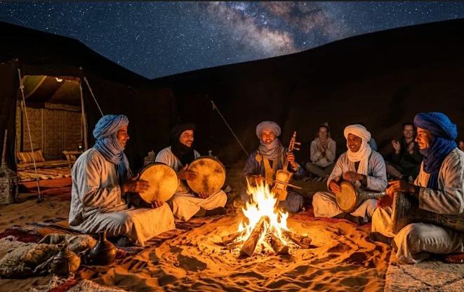 Un groupe d'hommes berbères joue de la musique traditionnelle et des tambours autour d'un feu de camp la nuit sous la Voie Lactée dans le Désert Sahara Maroc, avec un campement dans les dunes.