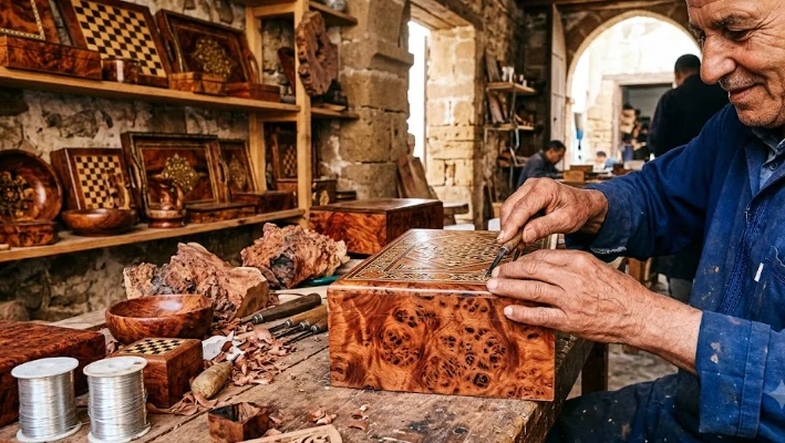 A Moroccan master craftsman hand-carving and inlaying a decorative Thuya wood box in an artisan workshop in Essaouira.