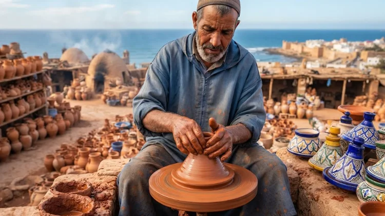 A traditional Moroccan artisan crafting Safi pottery on a potter's wheel overlooking the Atlantic coast