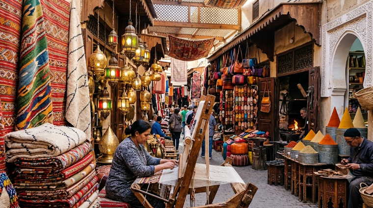 Un étal de marché vibrant dans une médina, rempli d'artisanat marocain authentique, incluant des tapis tissés, des lanternes en laiton, de la maroquinerie et des artisans en train de travailler.