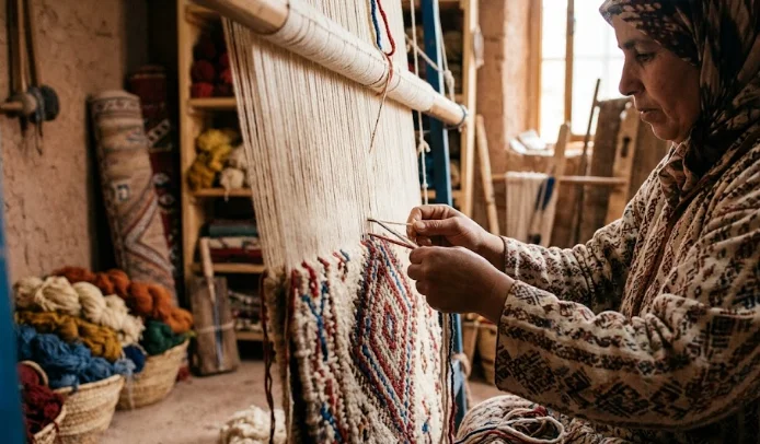 Close-up photograph focusing on the hands of a female weaver tying knots on a traditional wooden loom to create authentic Moroccan rugs.