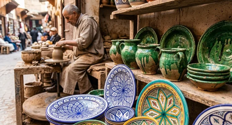 Authentic handcrafted Moroccan pottery with blue Fes patterns and Tamegroute green ceramics on display in a local workshop.