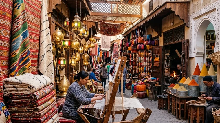 A bustling Moroccan medina market stall overflowing with colorful handmade crafts, featuring woven carpets, brass lanterns, leather goods, and artisans working.