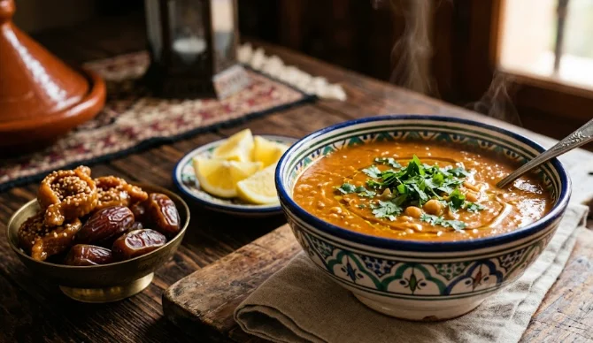 A traditional bowl of steaming Moroccan Harira soup on a rustic wooden table with dates and lemon wedges.