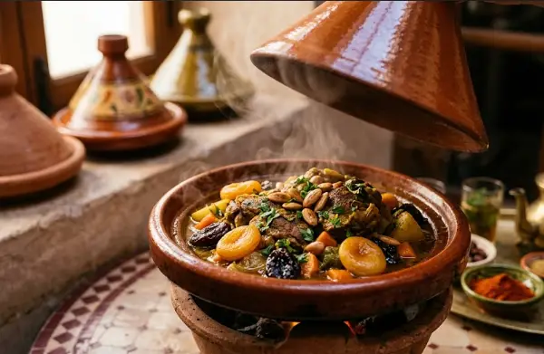 A steaming authentic Moroccan tagine with lamb and prunes, with its clay conical lid slightly lifted.