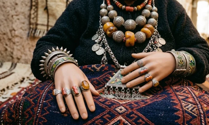 Close-up of an Amazigh woman wearing traditional silver Berber jewelry, including a fibula brooch, heavy bracelets, and coral beads.