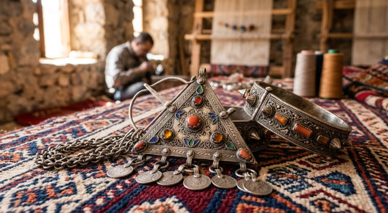 Close-up of an Amazigh woman wearing traditional silver Berber jewelry, including a fibula brooch, heavy bracelets, and coral beads.