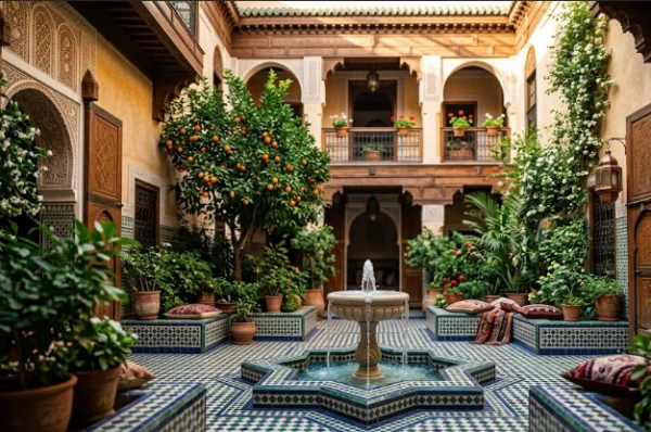 Traditional courtyard inside one of the best riads in Fes featuring a central zellige fountain, an orange tree, and lush green plants.