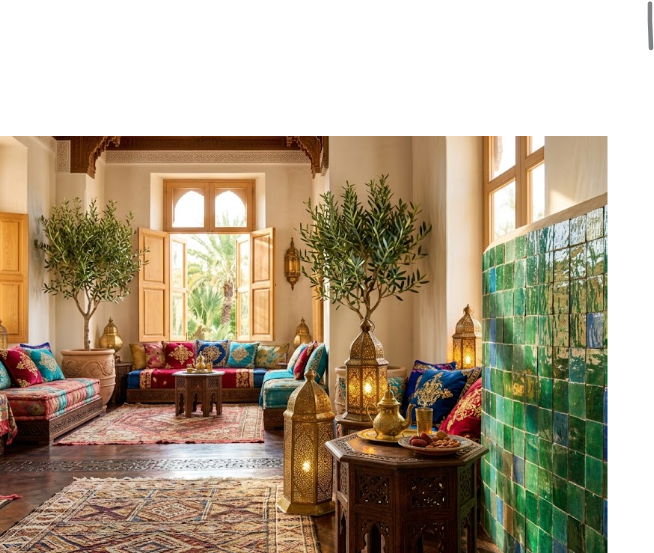 Un muret intérieur revêtu de carrelage marocain en zellige vert émeraude brillant, au sein d'un grand salon marocain traditionnel avec tapis orientaux et lanternes en cuivre.