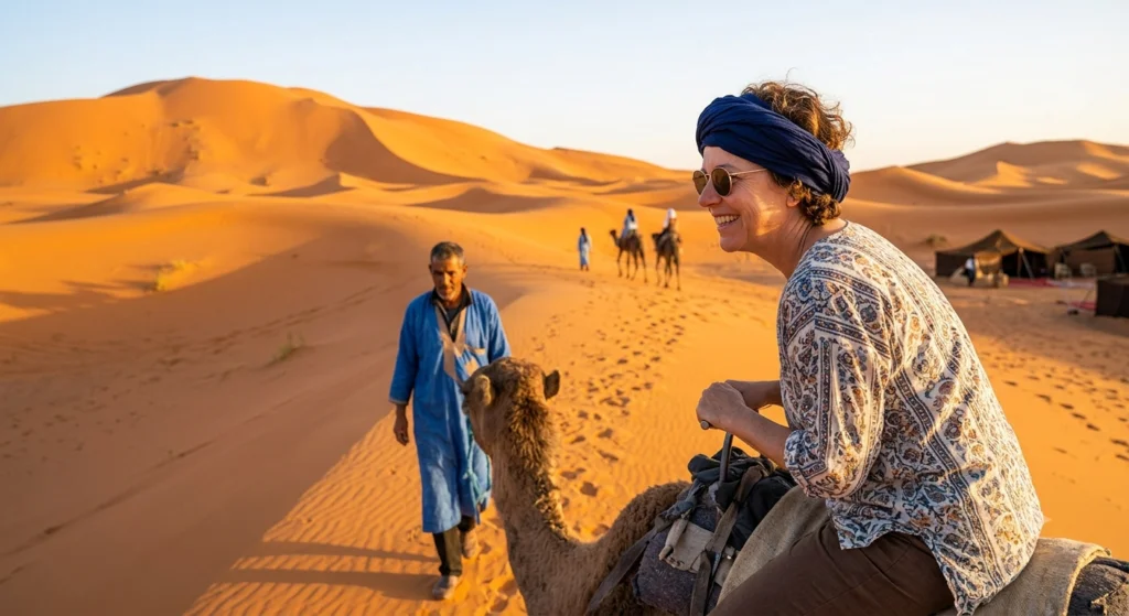 Une touriste heureuse portant des lunettes de soleil et un turban bleu monte un dromadaire, souriante et contemplant les immenses dunes de sable doré du désert de Merzouga pendant l'heure dorée, avec un guide berbère marchant