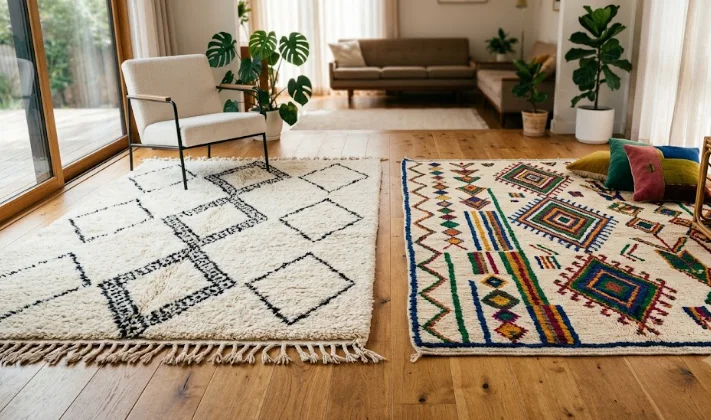 Un comparatif tapis marocain visuel présentant un tapis Beni Ourain ivoire moelleux à côté d'un tapis Azilal coloré et dynamique dans un salon moderne.