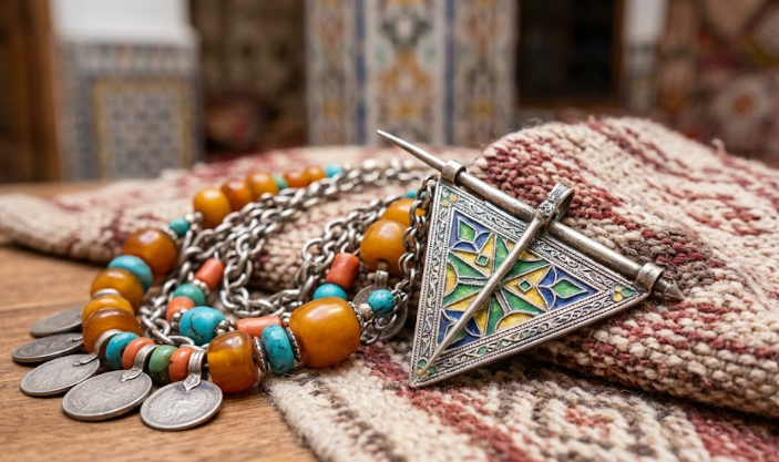Detailed close-up of traditional Moroccan jewelry, showcasing an Amazigh silver enamel fibula and an amber bead necklace resting on a handwoven Berber textile.