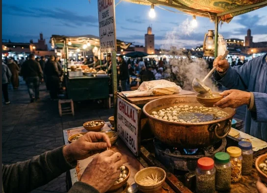 Vue d'un stand de rue vendant de la soupe d'escargot à Marrakech sur la place Jemaa el-Fna à la tombée de la nuit, avec un vendeur servant un bol fumant et des épices au premier plan.