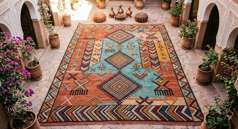 Grand tapis tribal exposé dans un riad montrant la diversité des motifs des tapis marocains avec des losanges, chevrons et symboles berbéres.