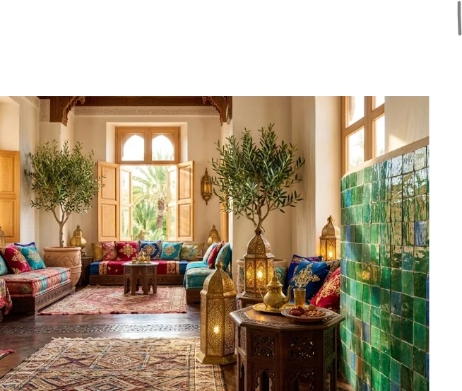 A close-up of a divider wall covered in glossy emerald green moroccan zellige tile inside a bright luxury riad living room filled with colorful cushions and traditional lamps.