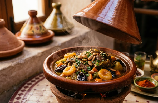 Un authentique tajine marocain à l'agneau et aux pruneaux fumant, avec le couvercle en terre cuite légèrement soulevé.