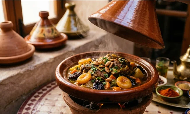 Un authentique tajine marocain à l'agneau et aux pruneaux fumant, avec le couvercle en terre cuite légèrement soulevé.