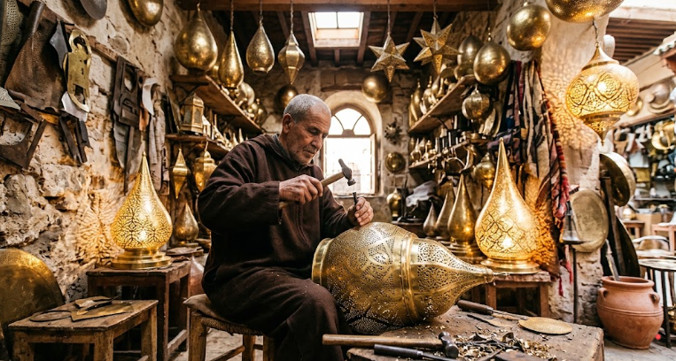 Moroccan artisan crafting glowing brass lanterns with hand-pierced geometric patterns in a traditional workshop