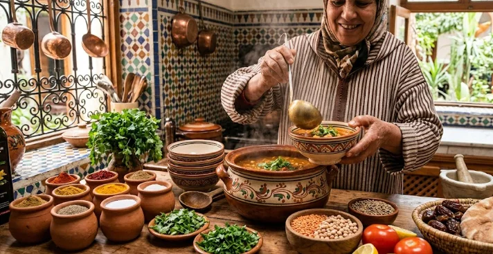 Un bol moderne et élégant de harira marocaine fumante, baigné de lumière naturelle sur une belle table épurée.