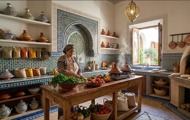 A traditional Moroccan kitchen with a full backsplash made of blue and white moroccan zellige tile mosaics, featuring a woman cooking near boiling tajine pots.
