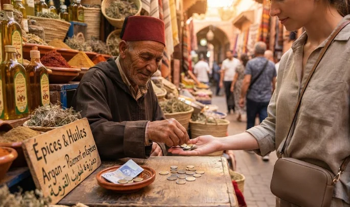 Un marchand marocain d'épices dans une échoppe traditionnelle de Marrakech remet de la monnaie en pièces (monnaie au Maroc) à une touriste après un achat, avec des billets et des produits locaux sur le comptoir.
