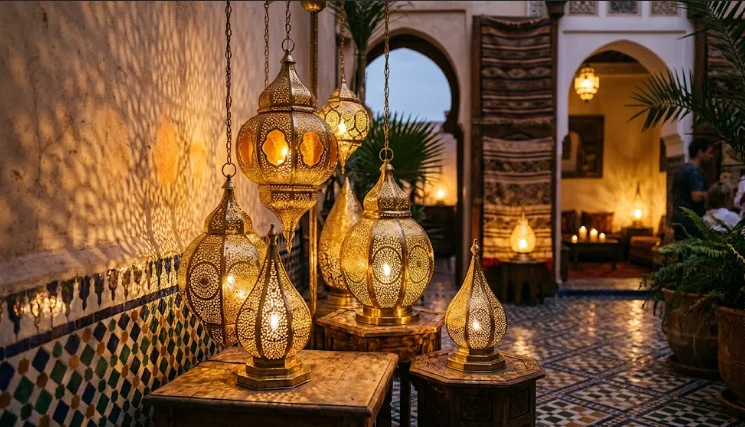 Artisan façonnant des lanternes marocaines en laiton ciselé et éclairées dans un atelier traditionnel