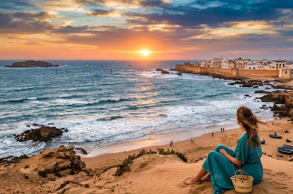 Une jeune femme assise sur une dune admire le coucher de soleil sur l'océan et les remparts d'Essaouira, illustrant un voyage au Maroc en été.
