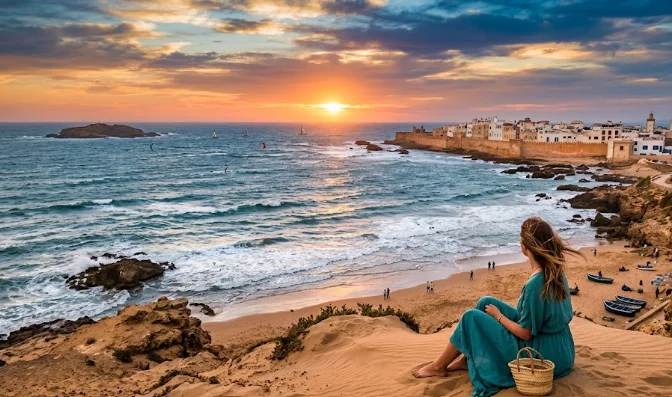 Une jeune femme assise sur une dune admire le coucher de soleil sur l'océan et les remparts d'Essaouira, illustrant un voyage au Maroc en été.