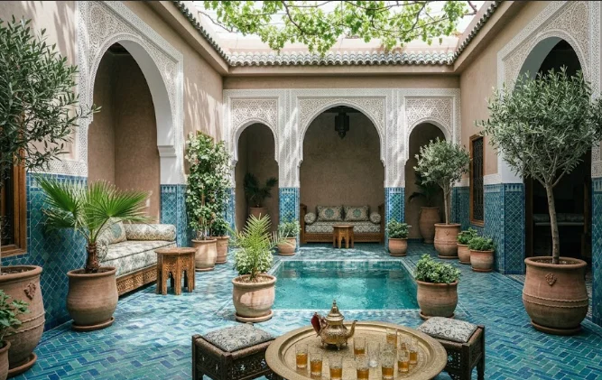 Le patio rafraîchissant d'un riad traditionnel avec piscine, zelliges bleus et théière marocaine, parfait pour un séjour au Maroc en été.