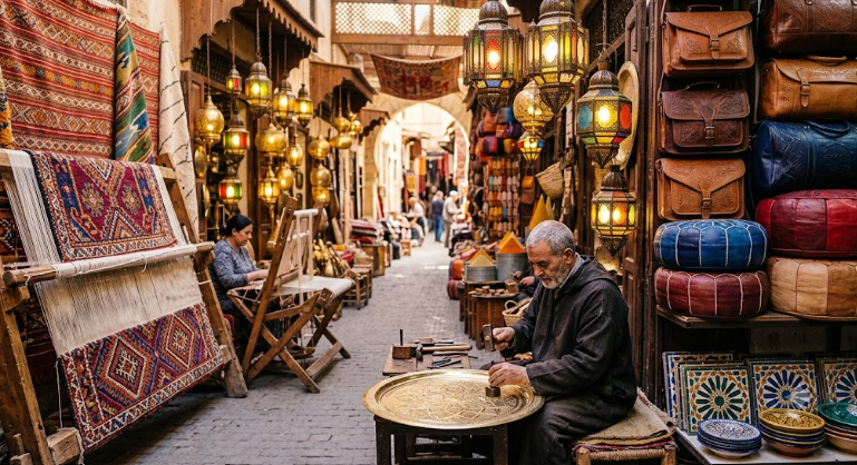 An artisan in a djellaba hand-hammers a brass platter surrounded by glowing lanterns and leather bags, showcasing authentic Moroccan handmade crafts in a souk.
