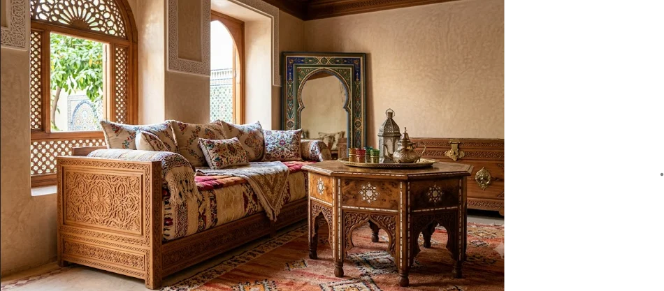 Mobilier en bois marocain artisanal sculpté : canapé seddari, table à thé octogonale et coffre de rangement dans un salon de riad.