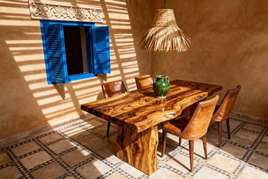 Table à manger artisanale en bois massif illustrant le mobilier en bois marocain dans un patio ensoleillé avec chaises en cuir.