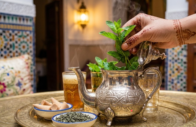 Traditional Moroccan mint tea preparation: a hand with henna adds fresh mint into an etched silver teapot, surrounded by sugar, gunpowder tea, and decorated glasses on a brass tray.