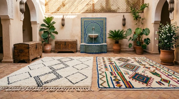 An interior shot of a Moroccan riad patio featuring a Moroccan rug comparison between a white Beni Ourain rug (left) and a colorful Azilal rug (right) on tile flooring.