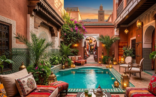 Patio d'un riad traditionnel avec piscine et lanternes pour savoir où dormir à Marrakech.
