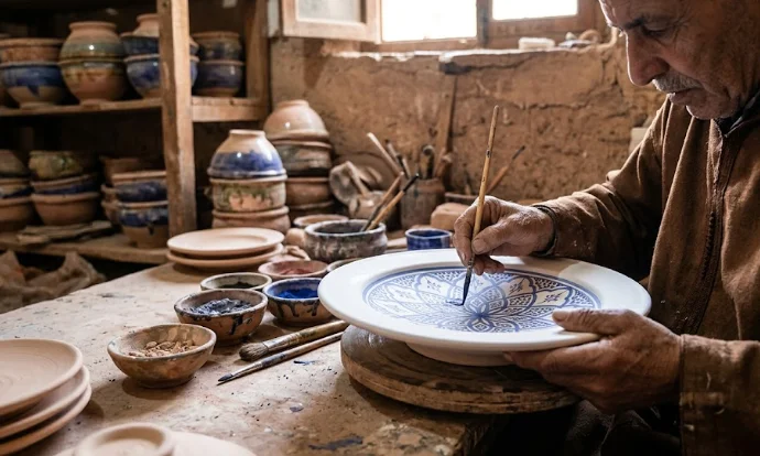 Maître artisan peignant un motif géométrique bleu de Fès sur une assiette en céramique, illustration du savoir-faire de la poterie marocaine.
