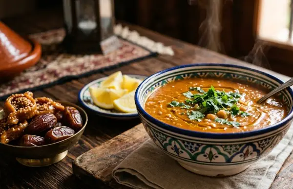 Un bol traditionnel de harira marocaine fumante sur une table en bois avec des dattes et des citrons.