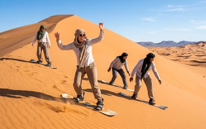 Happy tourists sandboarding and sliding down the massive orange sand dunes of the Sahara Desert Morocco on a sunny day.