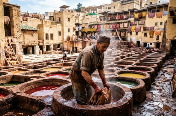 Vue panoramique des bassins circulaires en pierre de la Tannerie Chouara à Fès, Maroc, remplis de teintures colorées avec des tanneurs au travail.