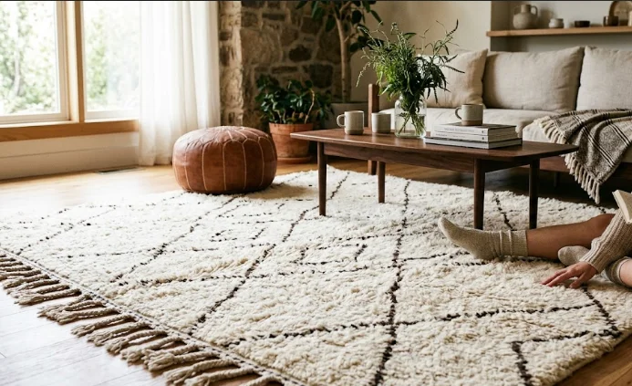 Tapis Beni Ouarain berbère authentique en laine fait main avec motifs losanges noirs dans un salon au design contemporain chaleureux.
