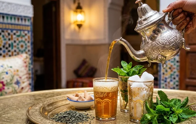 Thé à la menthe marocain versé traditionnellement depuis une théière en argent dans un verre sculpté avec de la menthe fraîche sur un plateau en cuivre.