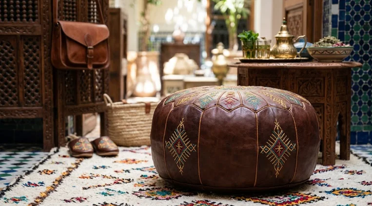 A handcrafted, embroidered Moroccan leather pouf sitting on a traditional rug inside a detailed Riad courtyard.