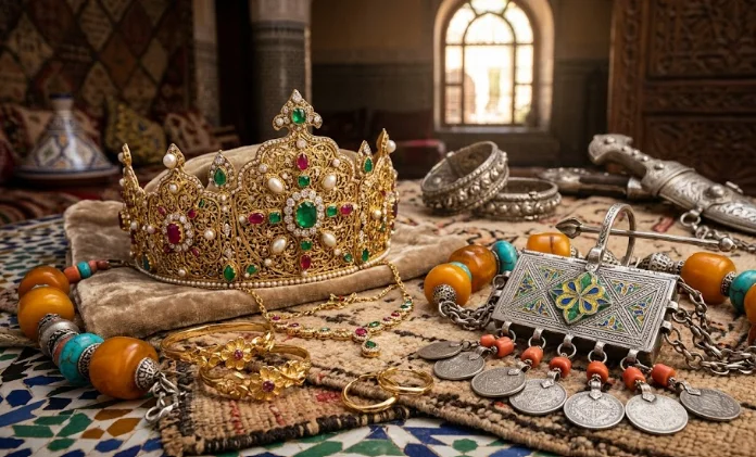 A stunning collection of authentic traditional Moroccan jewelry featuring Amazigh silver enamel, amber beads, and urban gold crowns.