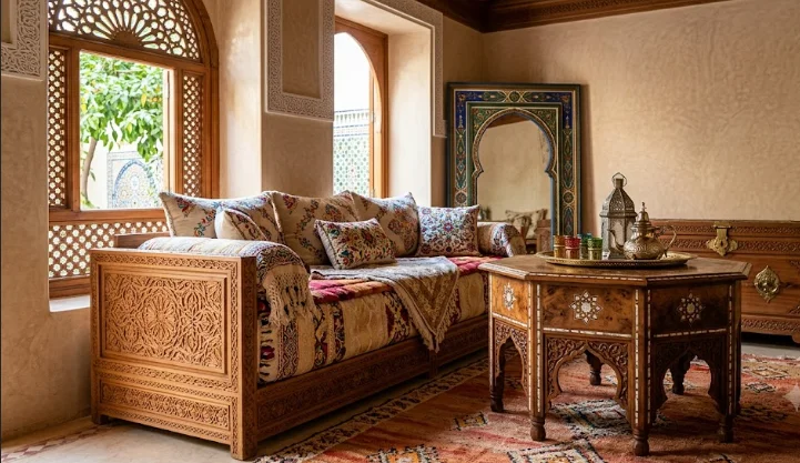 Hand-carved Moroccan wooden furniture including a seddari sofa, octagonal tea table, and storage chest in a traditional riad living room.