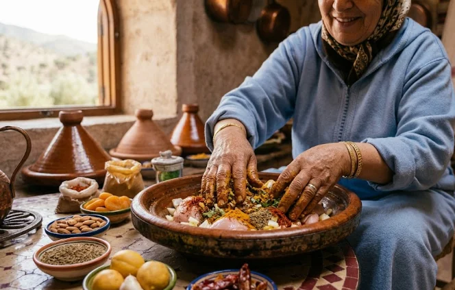 A Moroccan woman in traditional clothing seasoning a Moroccan tagine by hand with spices, chicken, dried apricots, and almonds on a mosaic table.