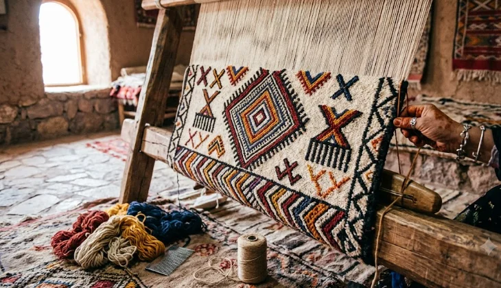 Traditional wooden loom showing the creation of colorful geometric Moroccan carpet patterns by a female artisan.
