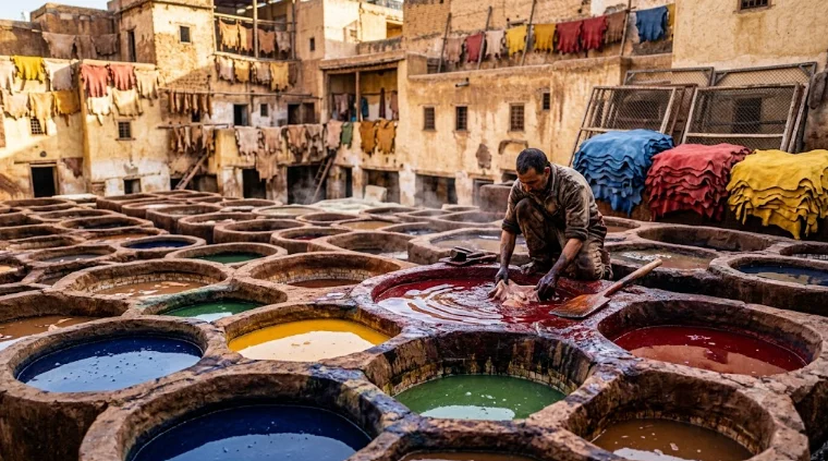 A tanner is working knee-deep in a red dye vat at the historic Chouara Tannery in Fez. Rows of other circular vats with various colored pigments stretch into the background.