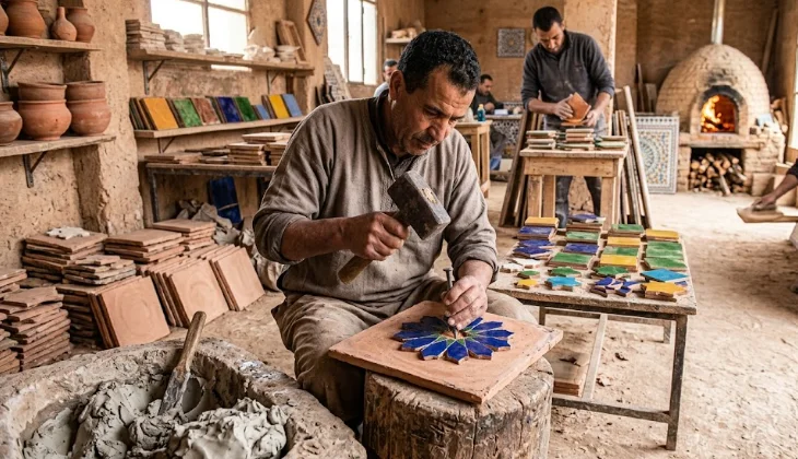 Un maître artisan travaille manuellement sur un motif complexe de zellige marocain dans un atelier traditionnel.